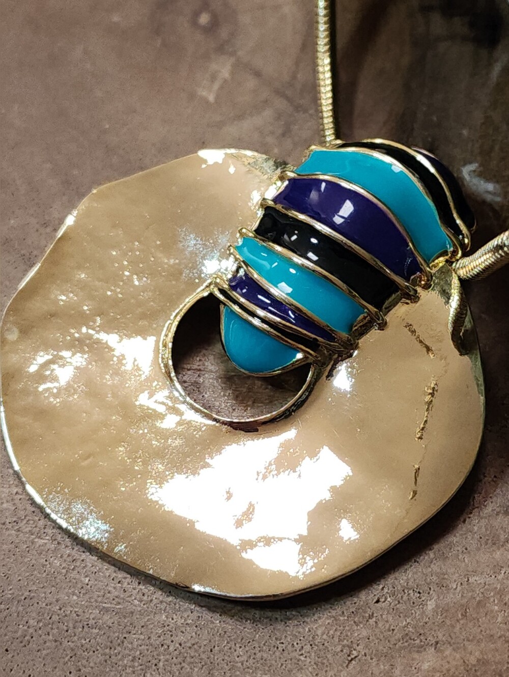 Gold Toned Snake Chain Necklace with Teal, Blue & Black Enamel Pendant - Picture 2 of 9